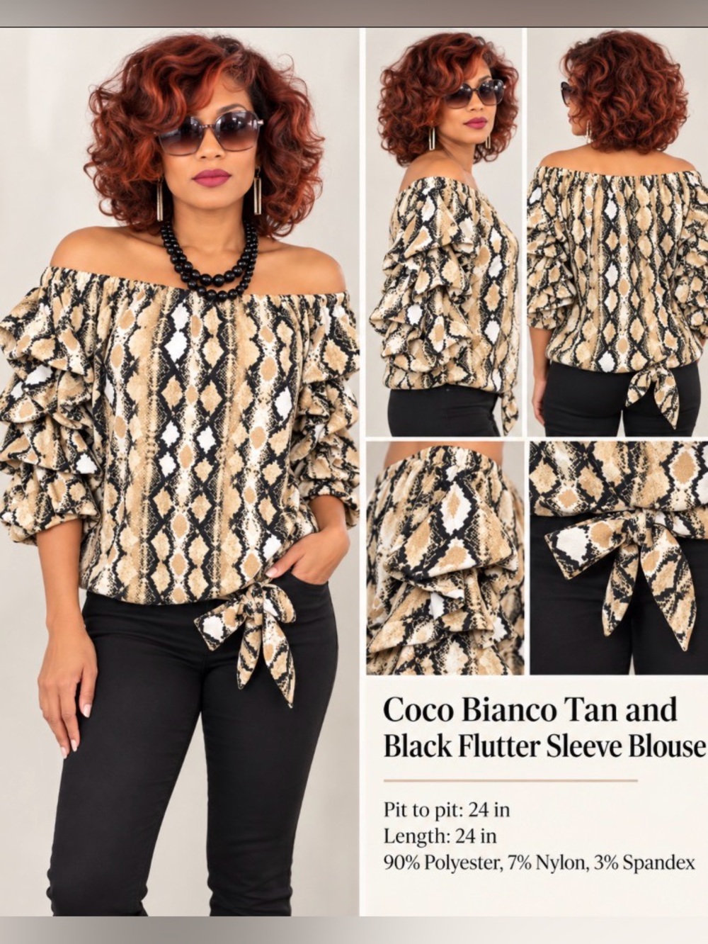 Coco Bianco Tan and Black Flutter Sleeve Blouse